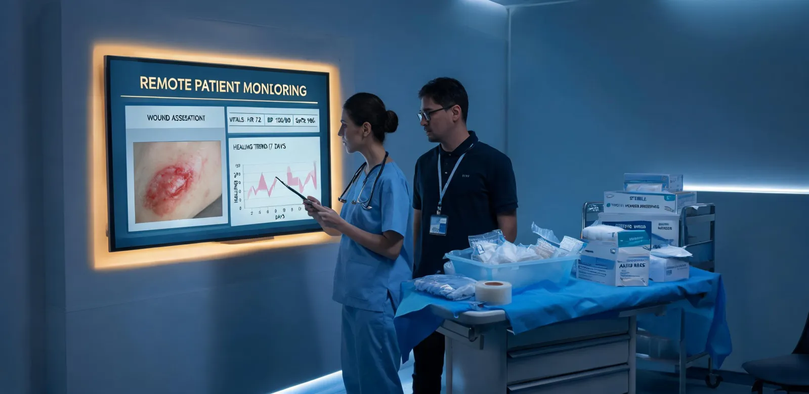 Clinical wound care team reviewing remote patient dashboard